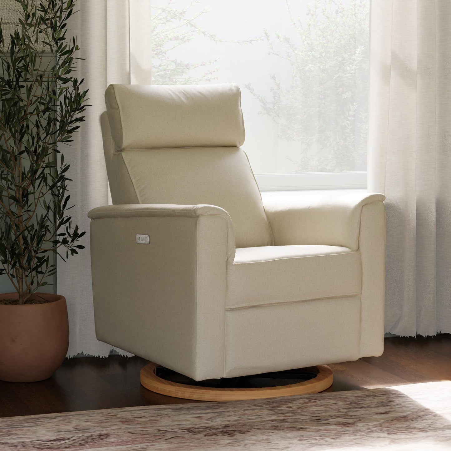 Willa Power Glider Recliner w/ adj. headrest & USB in Performance Grey Eco-Weave w/Light Wood Base