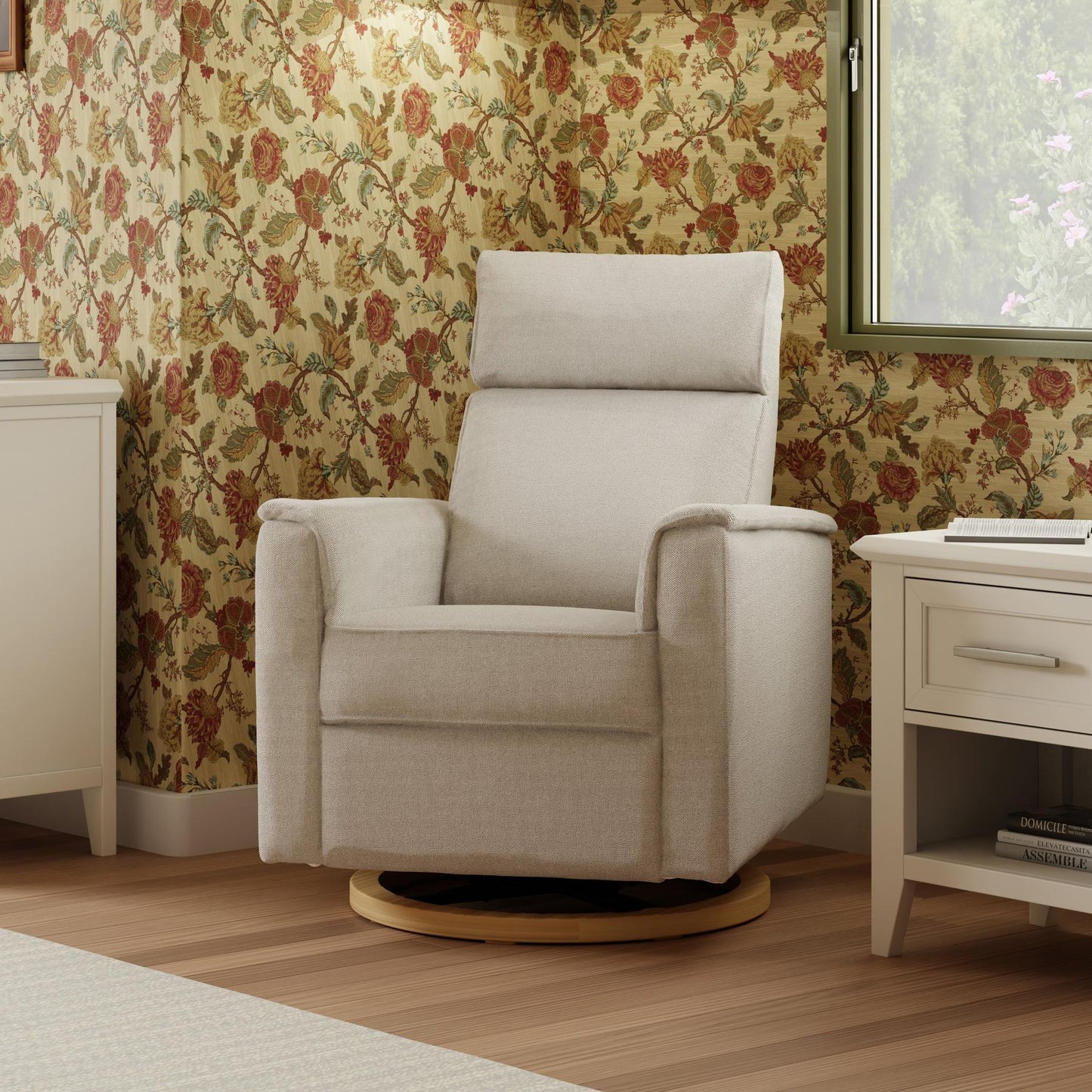 Willa Power Glider Recliner w/ adj. headrest & USB in Performance Grey Eco-Weave w/Light Wood Base