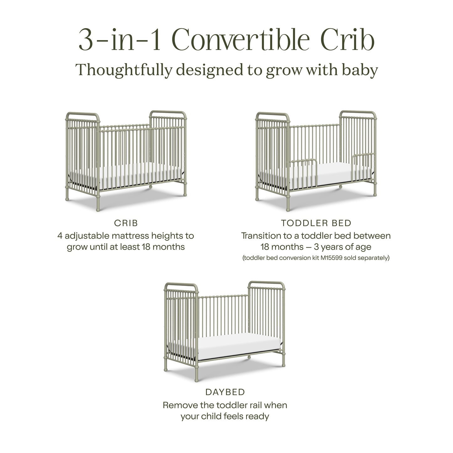 Abigail 3-in-1 Convertible Crib in Heirloom Sage