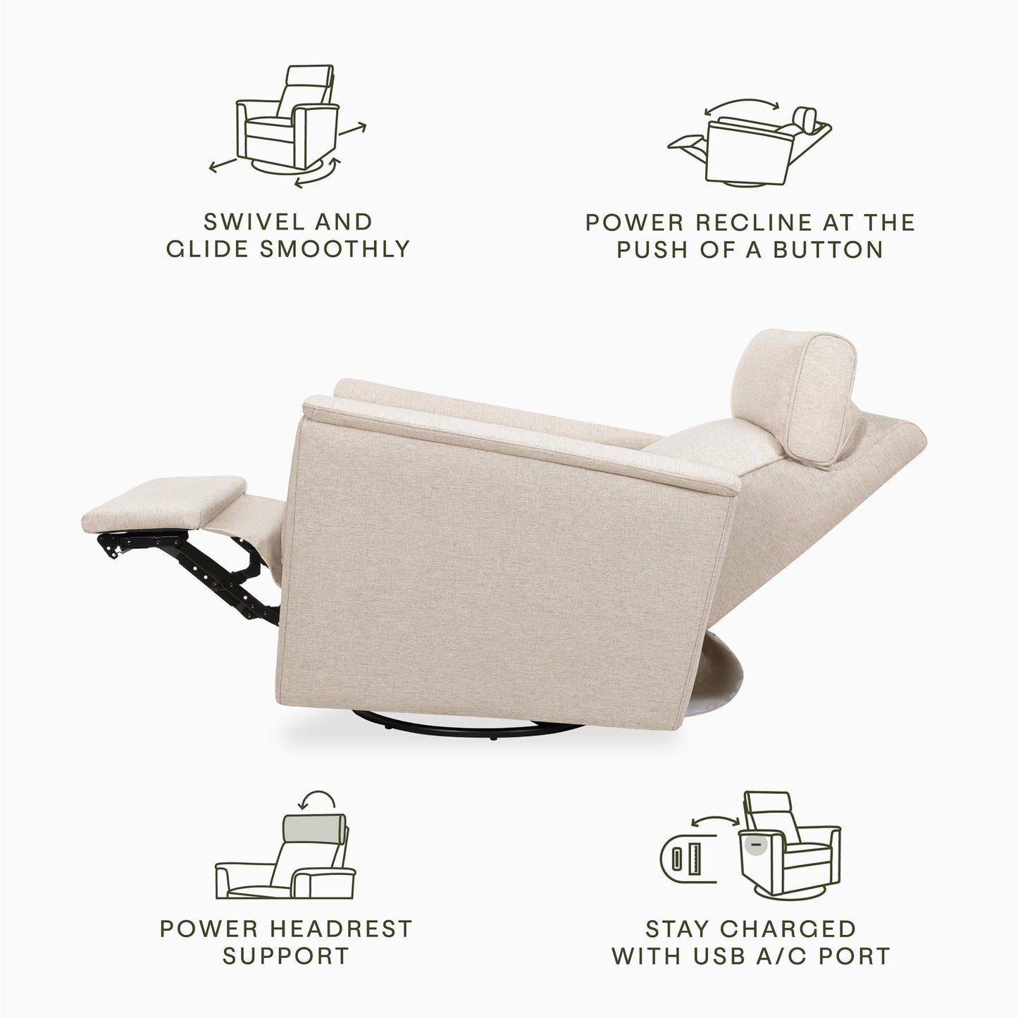 Willa Power Glider Recliner w/ adj. headrest & USB in Performance Grey Eco-Weave w/Light Wood Base
