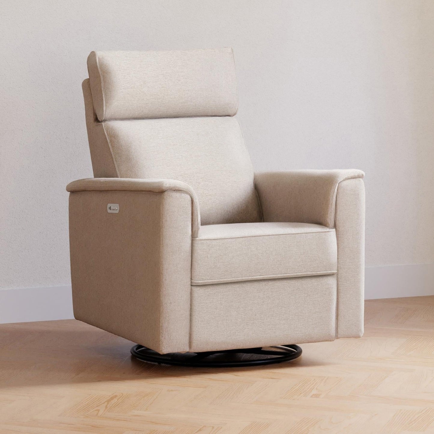Willa Power Glider Recliner w/ adj. headrest & USB in Performance Grey Eco-Weave w/Light Wood Base