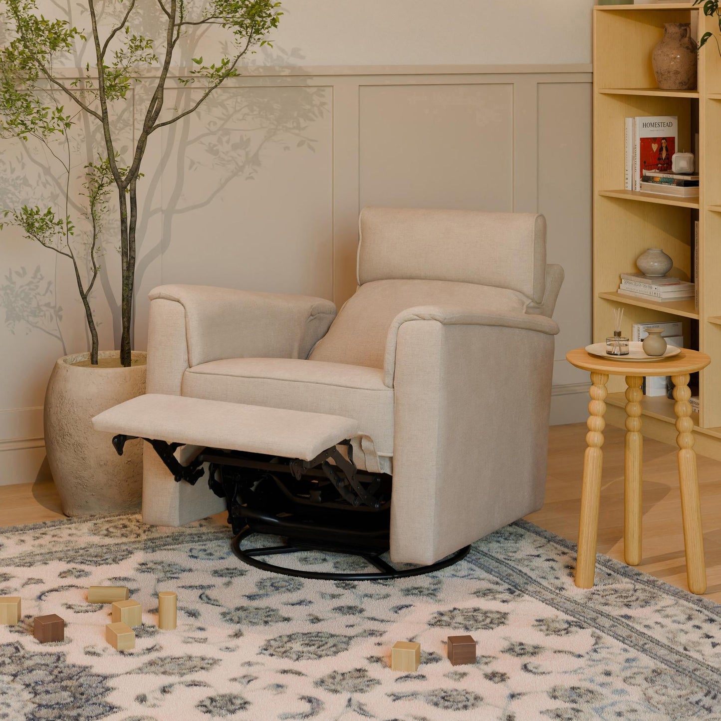 Willa Power Glider Recliner w/ adj. headrest & USB in Performance Grey Eco-Weave w/Light Wood Base