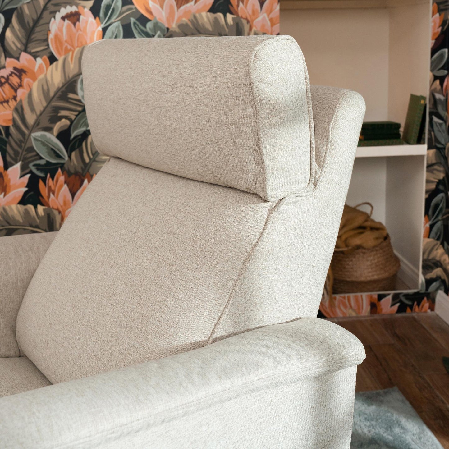 Willa Power Glider Recliner w/ adj. headrest & USB in Performance Grey Eco-Weave w/Light Wood Base