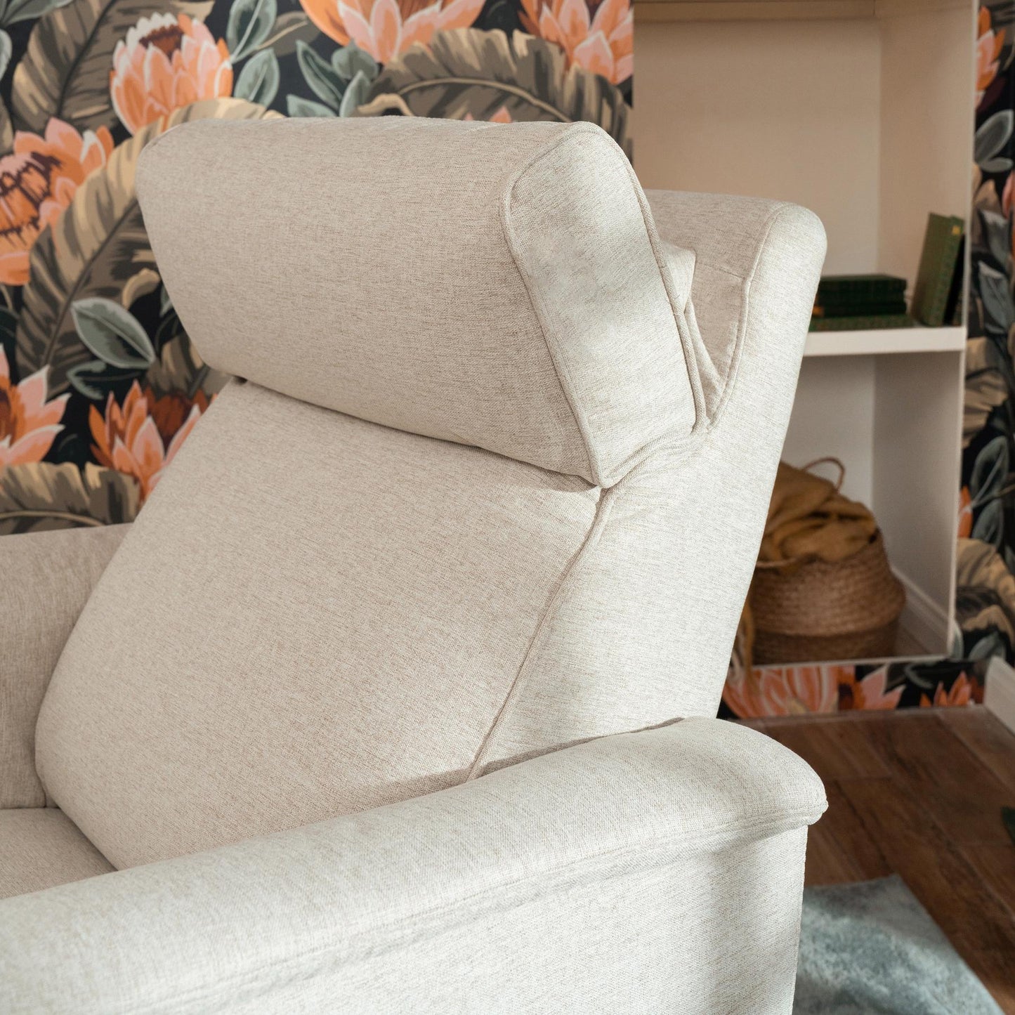 Willa Power Glider Recliner w/ adj. headrest & USB in Performance Grey Eco-Weave w/Light Wood Base