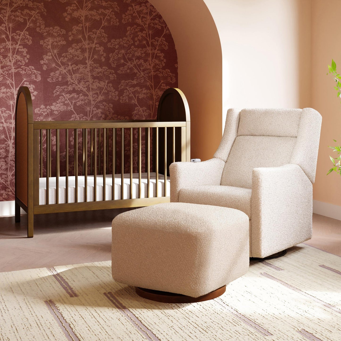 Kiwi Gliding Ottoman in Cream Shearling with Light Wood Base