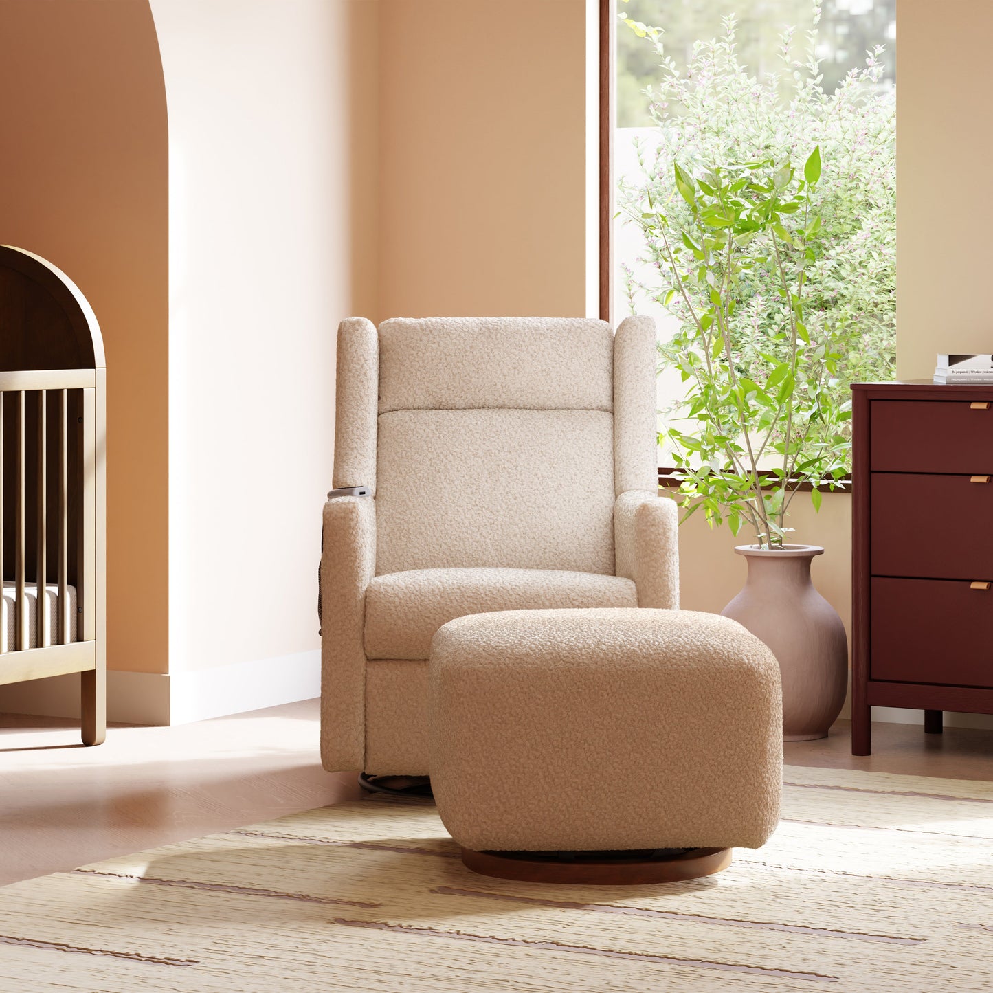 Kiwi Gliding Ottoman in Cream Shearling with Light Wood Base