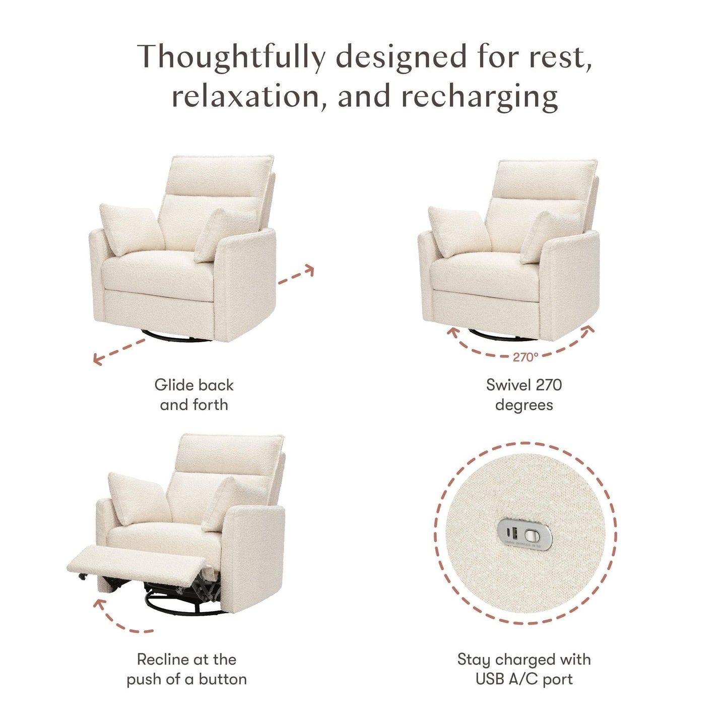 BABYLETTO NORI EXTRA WIDE ELECTRONIC RECLINER & SWIVEL GLIDER WITH USB PORT