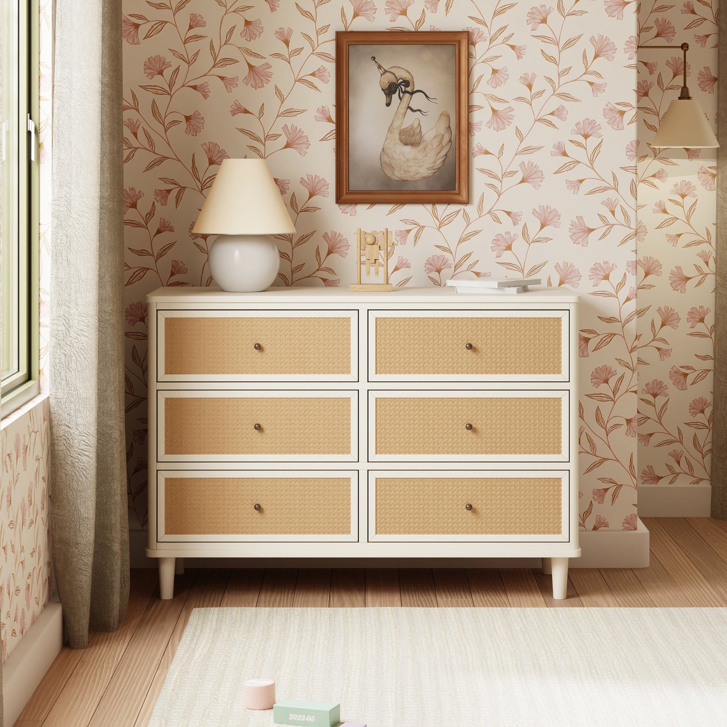 Marin with Cane 6 Drawer Assembled Dresser in Warm White and Honey Cane