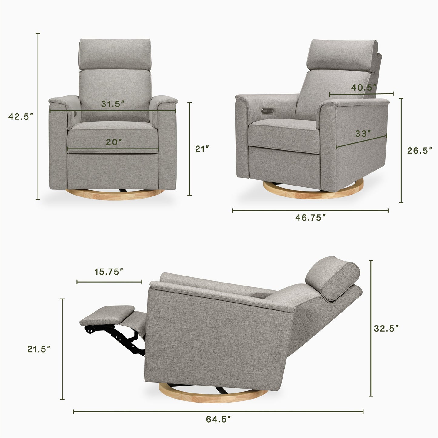 Willa Power Glider Recliner w/ adj. headrest & USB in Performance Grey Eco-Weave w/Light Wood Base