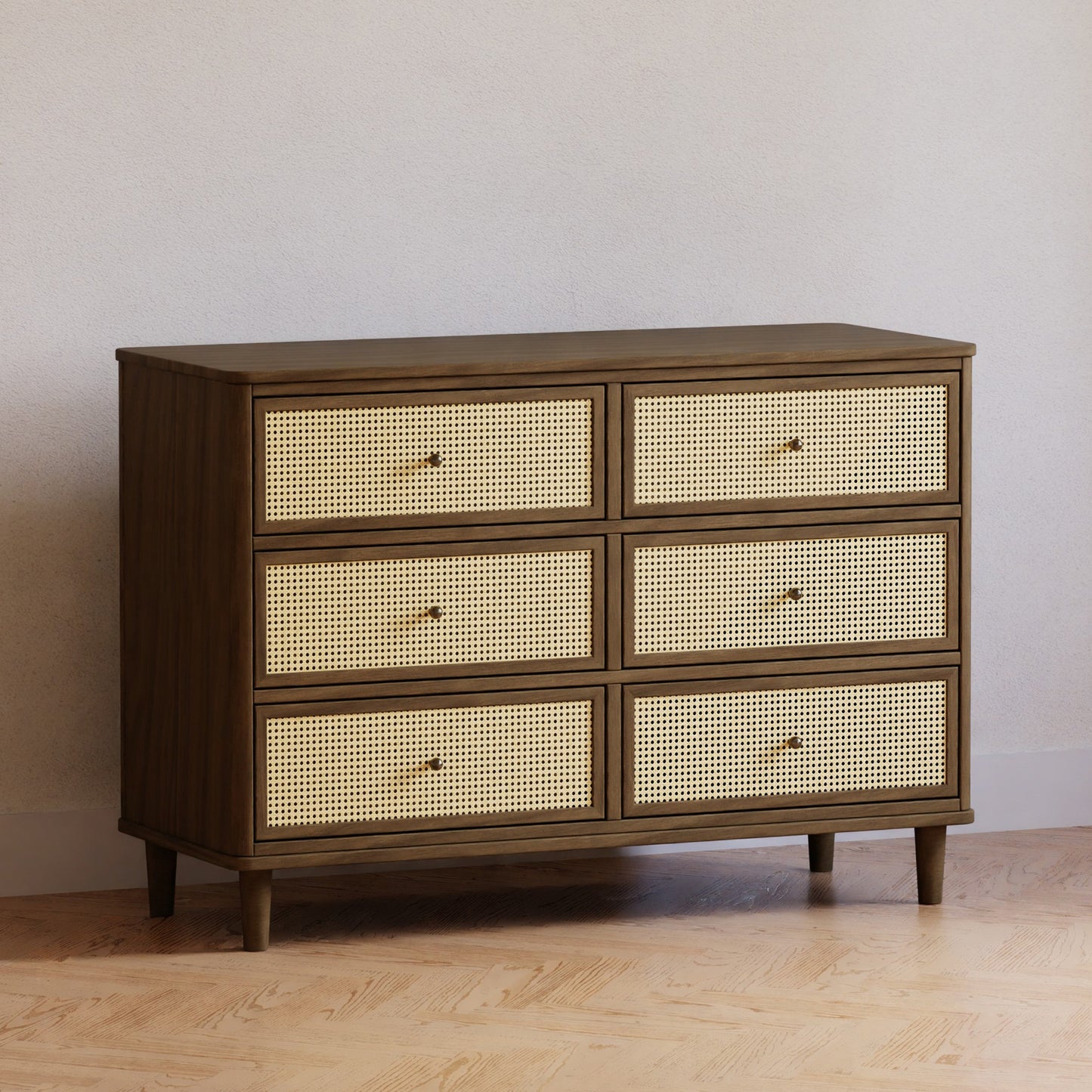 Marin with Cane 6 Drawer Assembled Dresser in Warm White and Honey Cane
