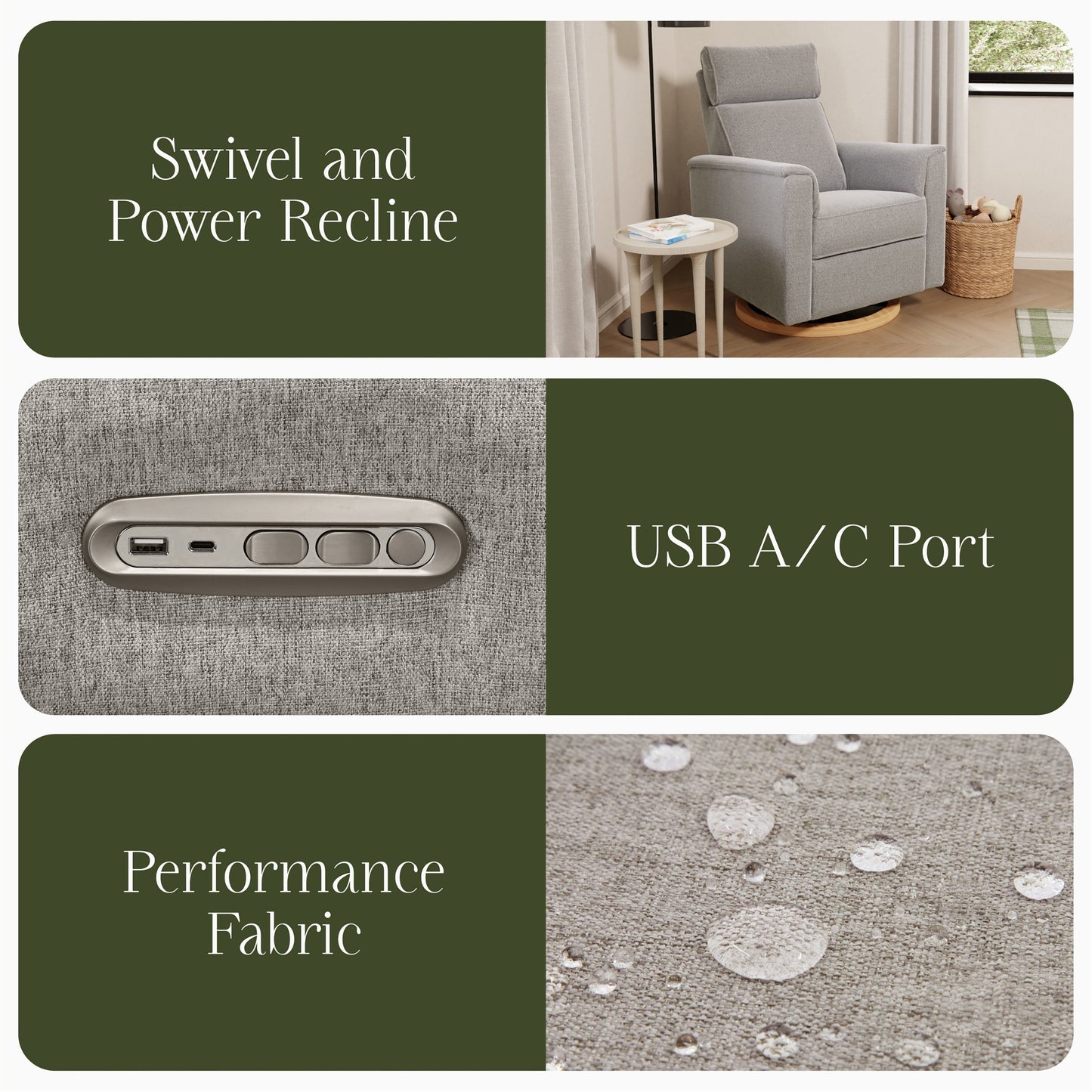 Willa Power Glider Recliner w/ adj. headrest & USB in Performance Grey Eco-Weave w/Light Wood Base