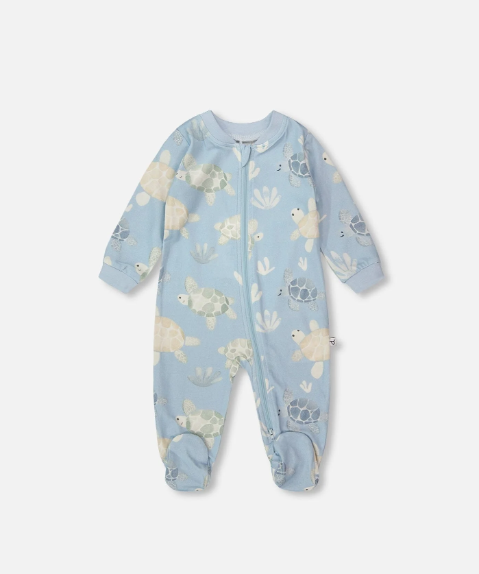 DEUX PAR DEUX ORGANIC COTTON JERSEY ONE-PIECE PYJAMA PRINTED TURTLES