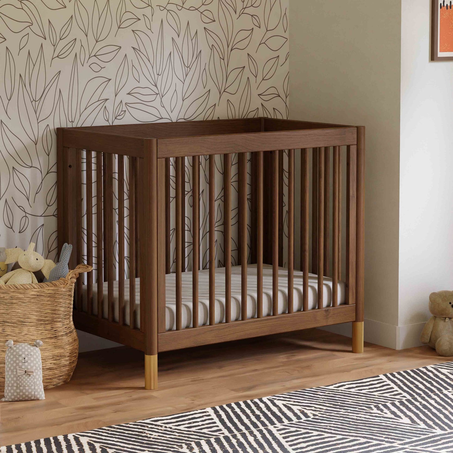 Gelato 4-in-1 Convertible Mini Crib and Twin bed in Natural Walnut Finish with Gold Feet