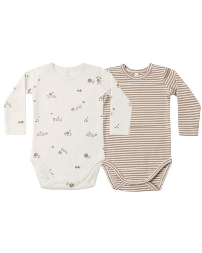 QUINCY MAE JERSEY BODYSUIT, 2 PACK BUNNIES, ALMOND STRIPE