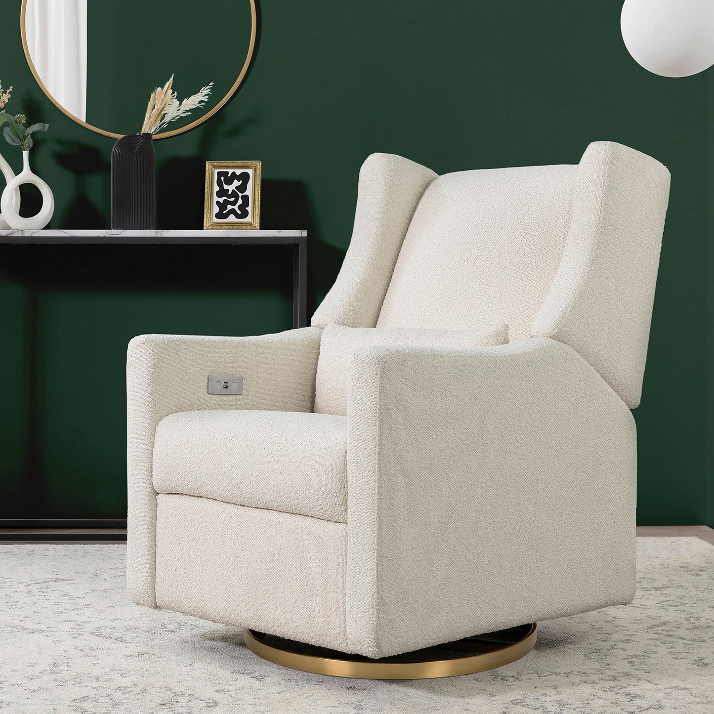 Kiwi Glider Recliner w/ Electronic Control and USB in Ivory Boucle w/Gold Base