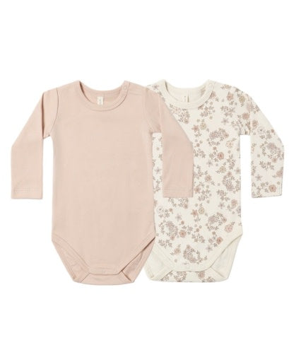 QUINCY MAE JERSEY BODYSUIT, 2 PACK FLORAL VINE, DUSTY ROSE