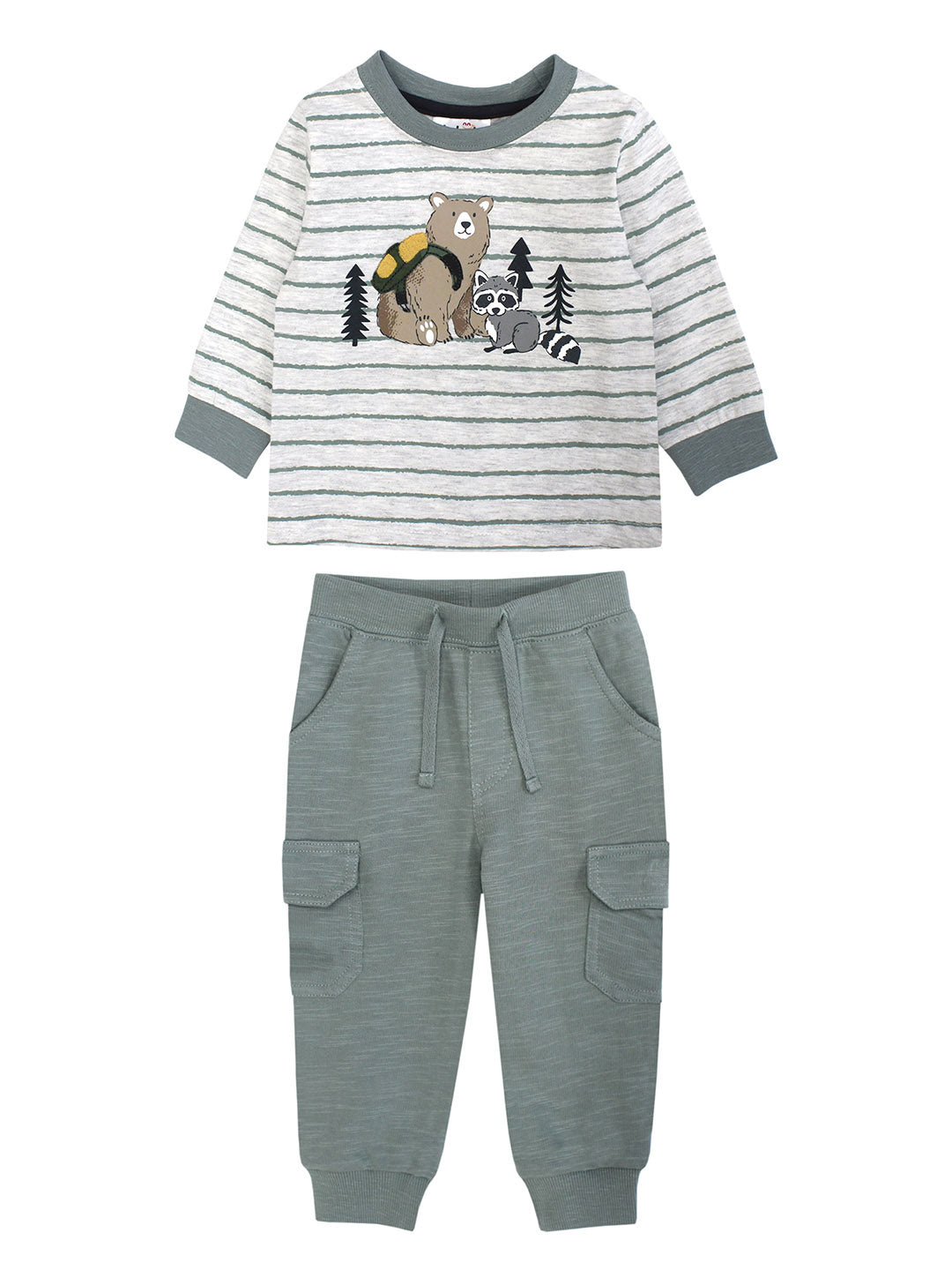 STRIPE BEAR & RACOON TOP W/ OLIVE TERRY PANT