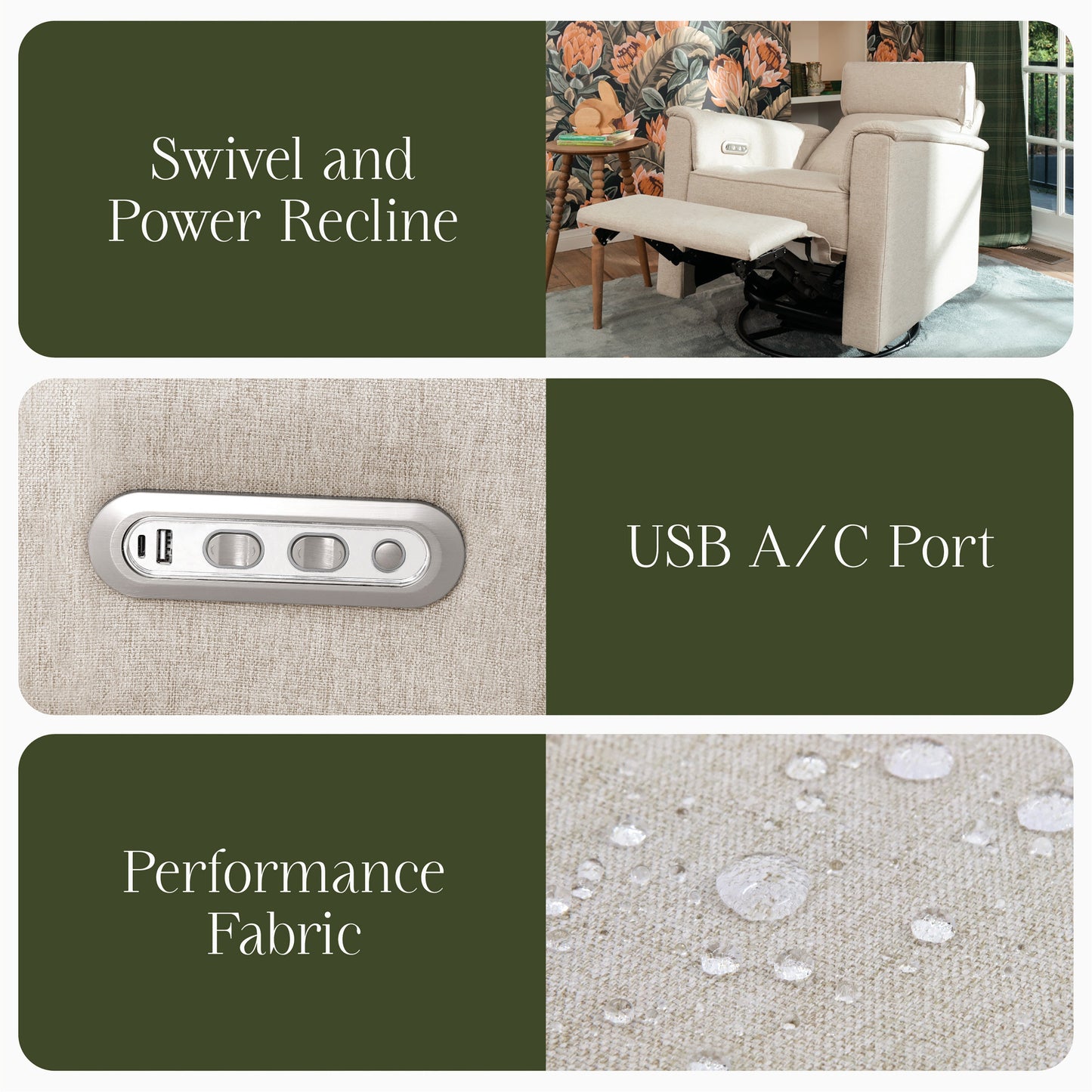 Willa Power Glider Recliner w/ adj. headrest & USB in Performance Grey Eco-Weave w/Light Wood Base