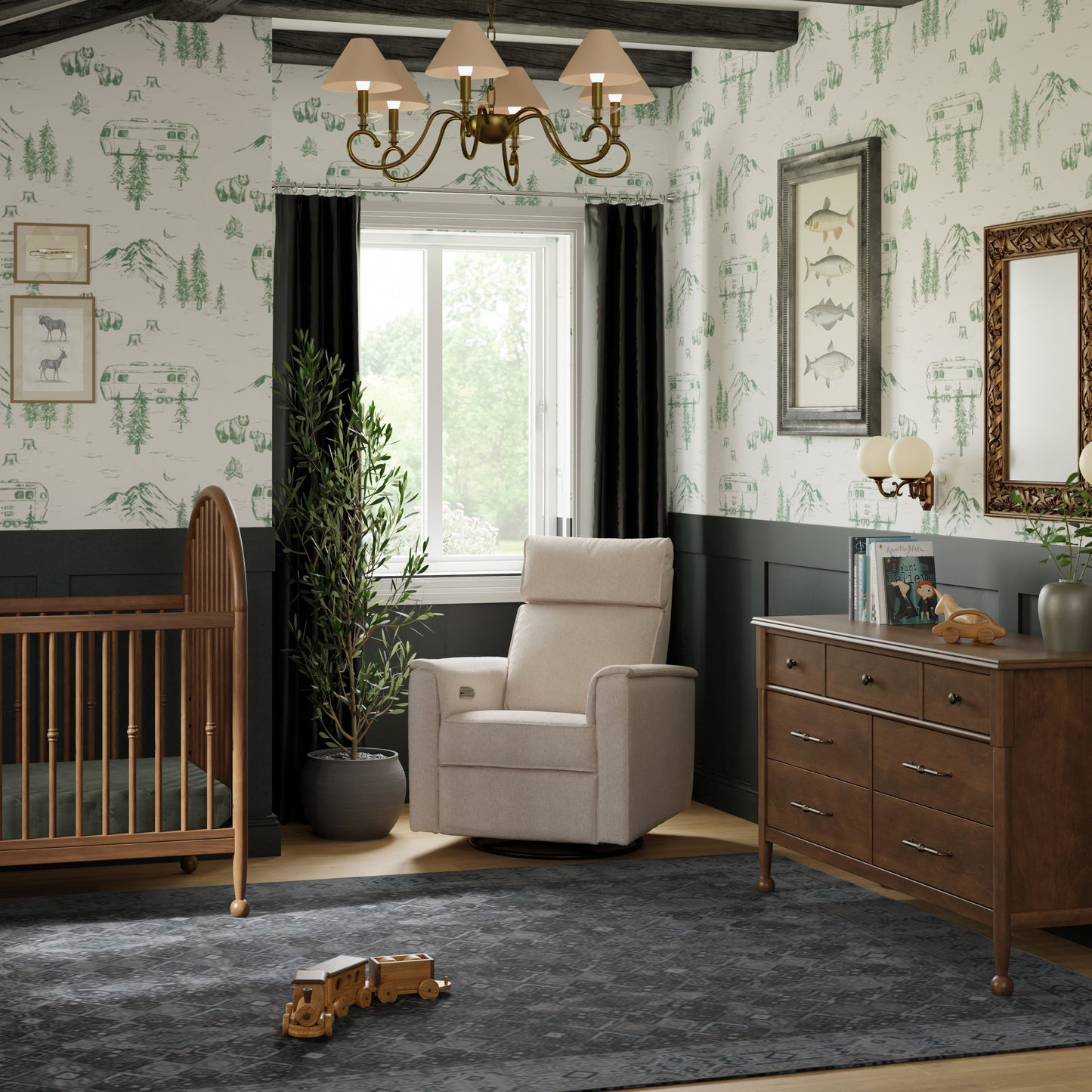 Willa Power Glider Recliner w/ adj. headrest & USB in Performance Grey Eco-Weave w/Light Wood Base