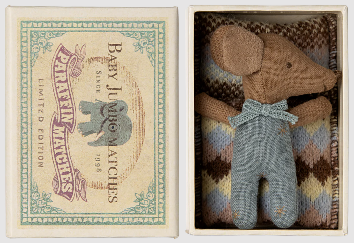 MAILEG SLEEPY WAKEY BABY MOUSE IN MATCHBOX - BLUE