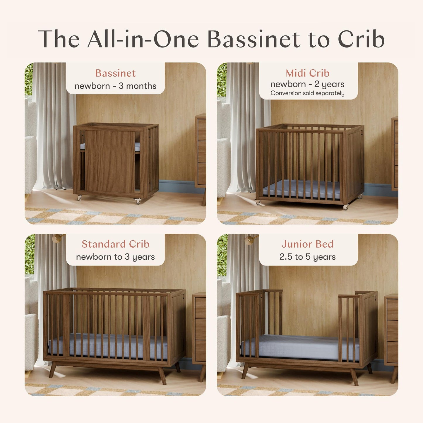 BABYLETTO PALMA 8-IN-1 CONVERTIBLE ALL-STAGES CRIB WITH BASSINET & TODDLER BED KIT