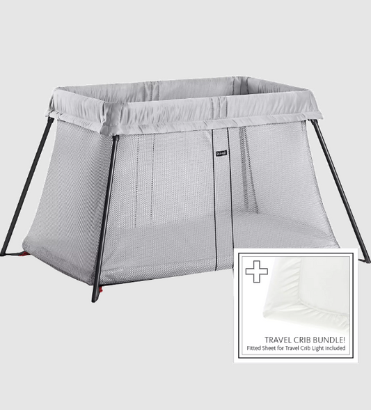 BABYBJORN TRAVEL CRIB SILVER WITH FITTED SHEET