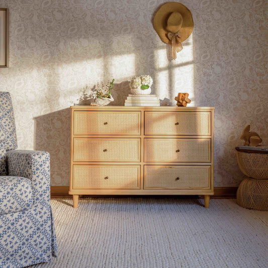 Marin with Cane 6 Drawer Assembled Dresser in Warm White and Honey Cane