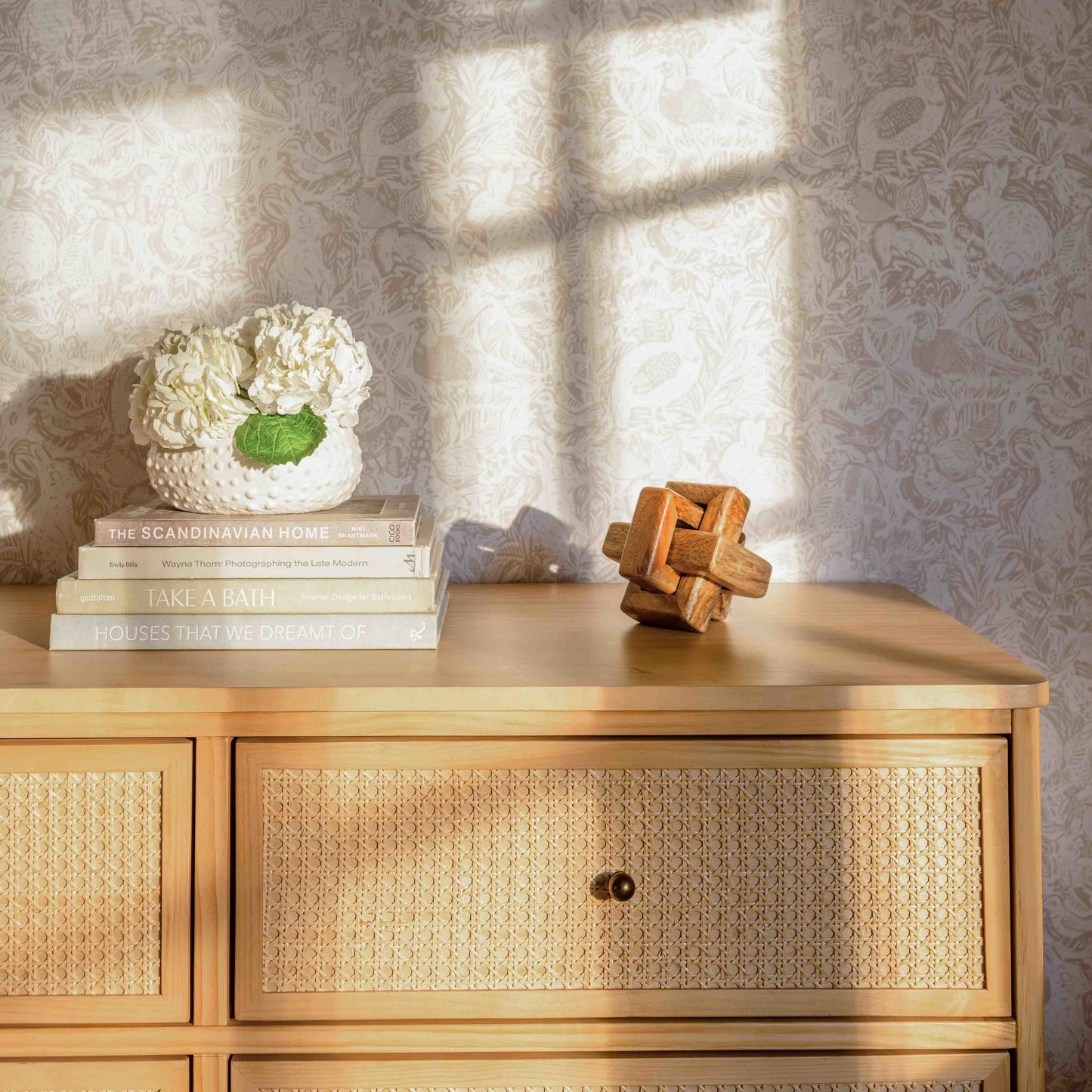 Marin with Cane 6 Drawer Assembled Dresser in Warm White and Honey Cane