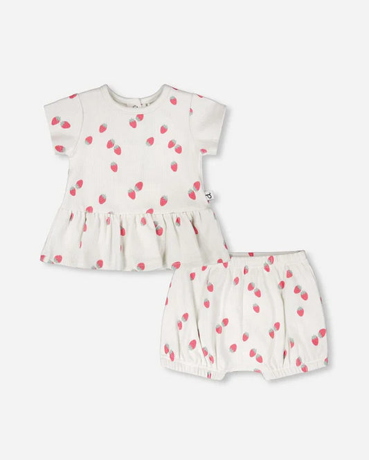 DEUX PAR DEUX COTTON RIB JERSEY TOP AND SHORT SET WHITE PRINTED STRAWBERRIES