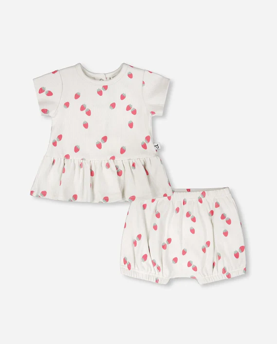 DEUX PAR DEUX COTTON RIB JERSEY TOP AND SHORT SET WHITE PRINTED STRAWBERRIES