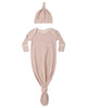 QUINCY MAE KNOTTED BABY GOWN + HAT SET DUSTY ROSE MICROSTRIPE