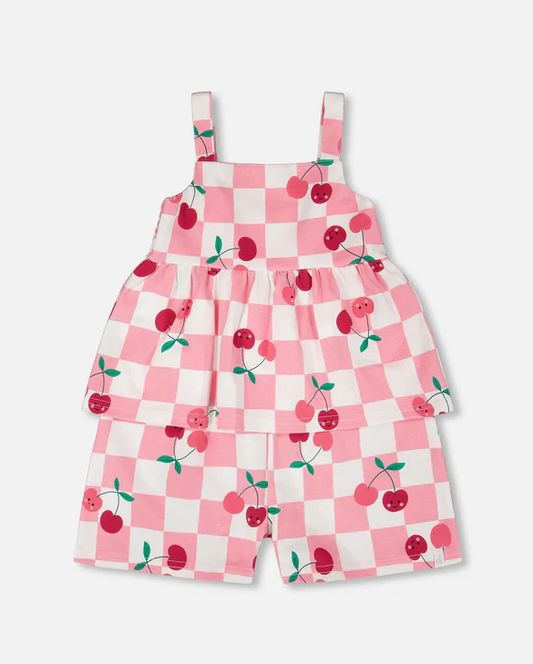 DEUX PAR DEUX ORGANIC COTTON JERSERY ROMPER PINK PRINTED CHERRIES