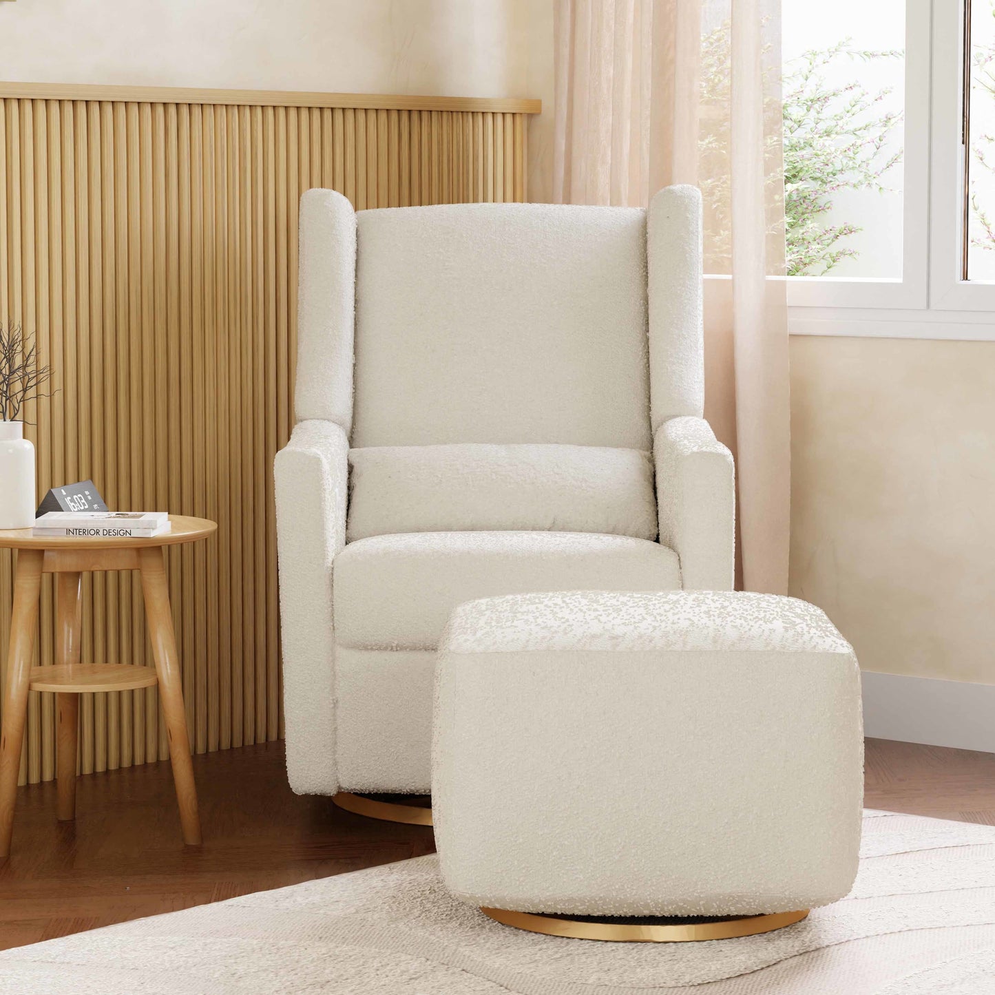 Kiwi Glider Recliner w/ Electronic Control and USB in Ivory Boucle w/Gold Base