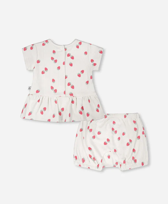 DEUX PAR DEUX COTTON RIB JERSEY TOP AND SHORT SET WHITE PRINTED STRAWBERRIES
