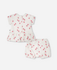 DEUX PAR DEUX COTTON RIB JERSEY TOP AND SHORT SET WHITE PRINTED STRAWBERRIES