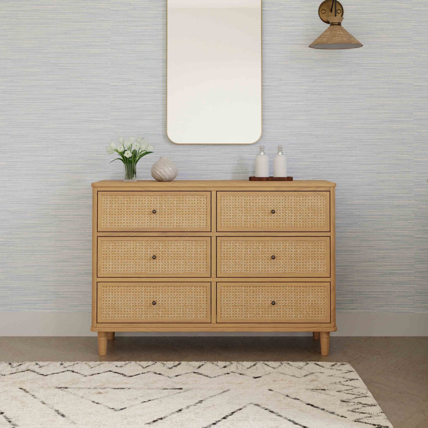 Marin with Cane 6 Drawer Assembled Dresser in Warm White and Honey Cane