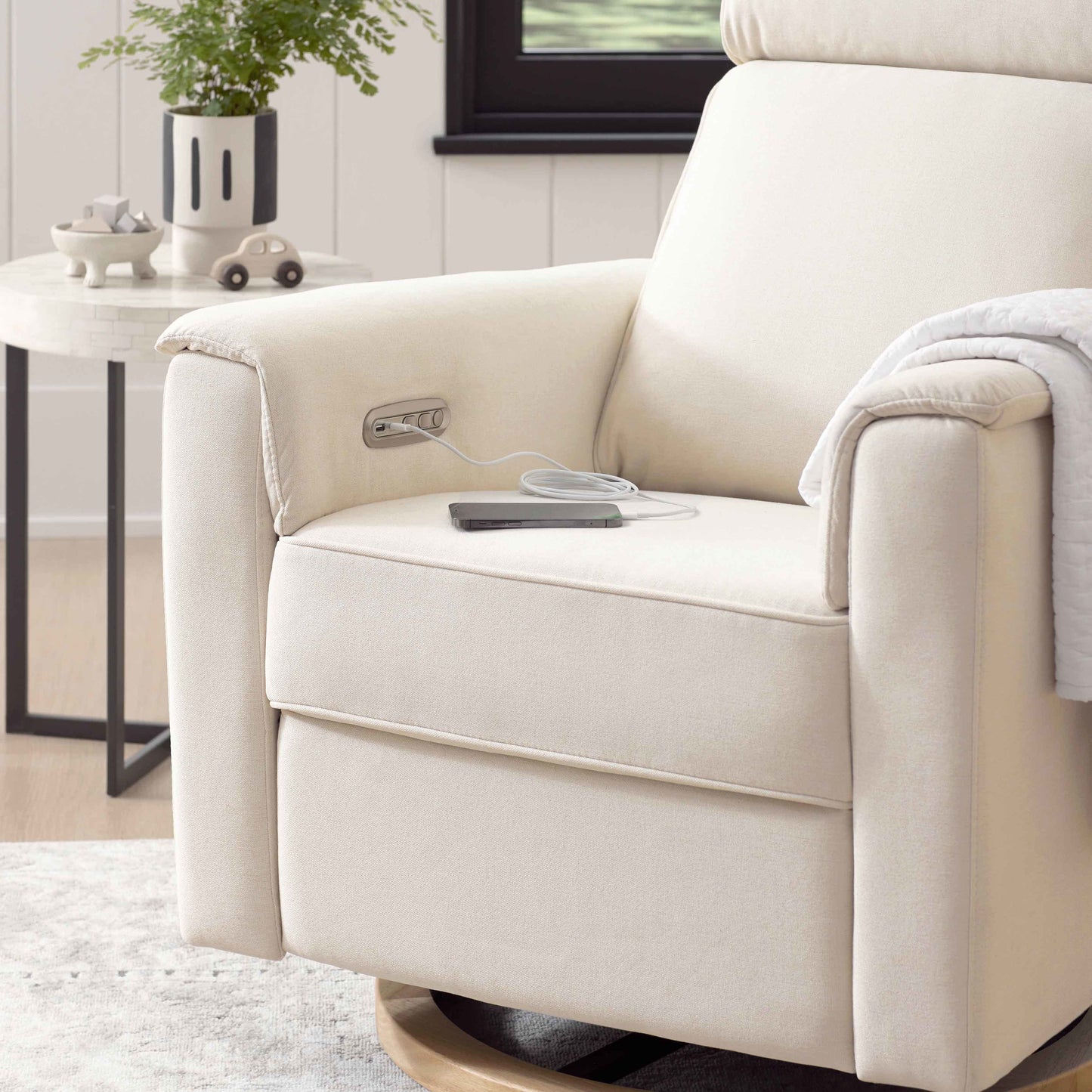 Willa Power Glider Recliner w/ adj. headrest & USB in Performance Grey Eco-Weave w/Light Wood Base