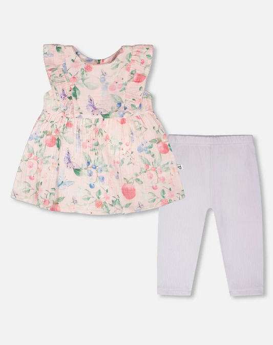 DEUX PAR DEUX COTTON MUSLIN TUNIC AND RIB JERSEY LEGGINGS SET - PINK PRINTED BERRIES AND LILAC