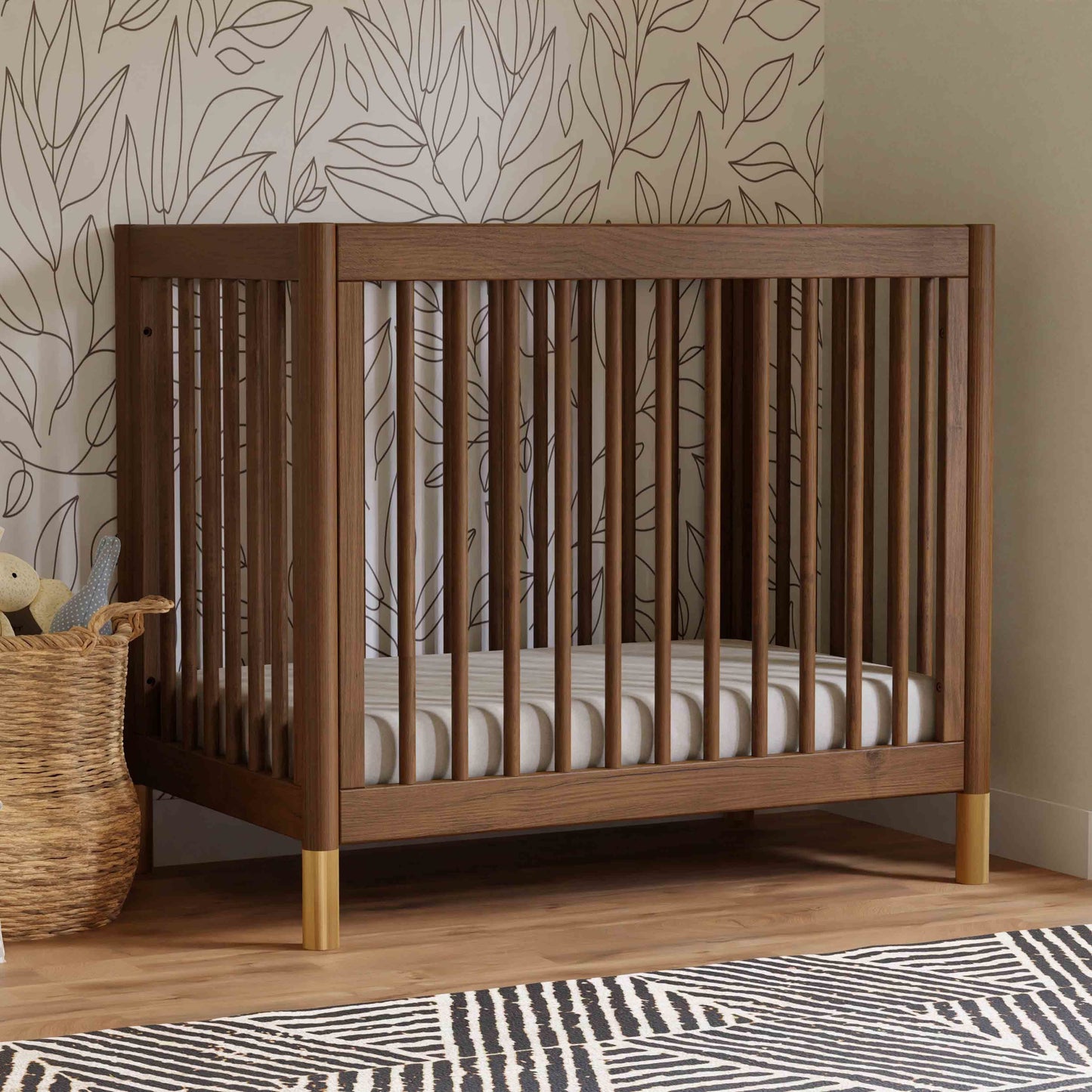 Gelato 4-in-1 Convertible Mini Crib and Twin bed in Natural Walnut Finish with Gold Feet