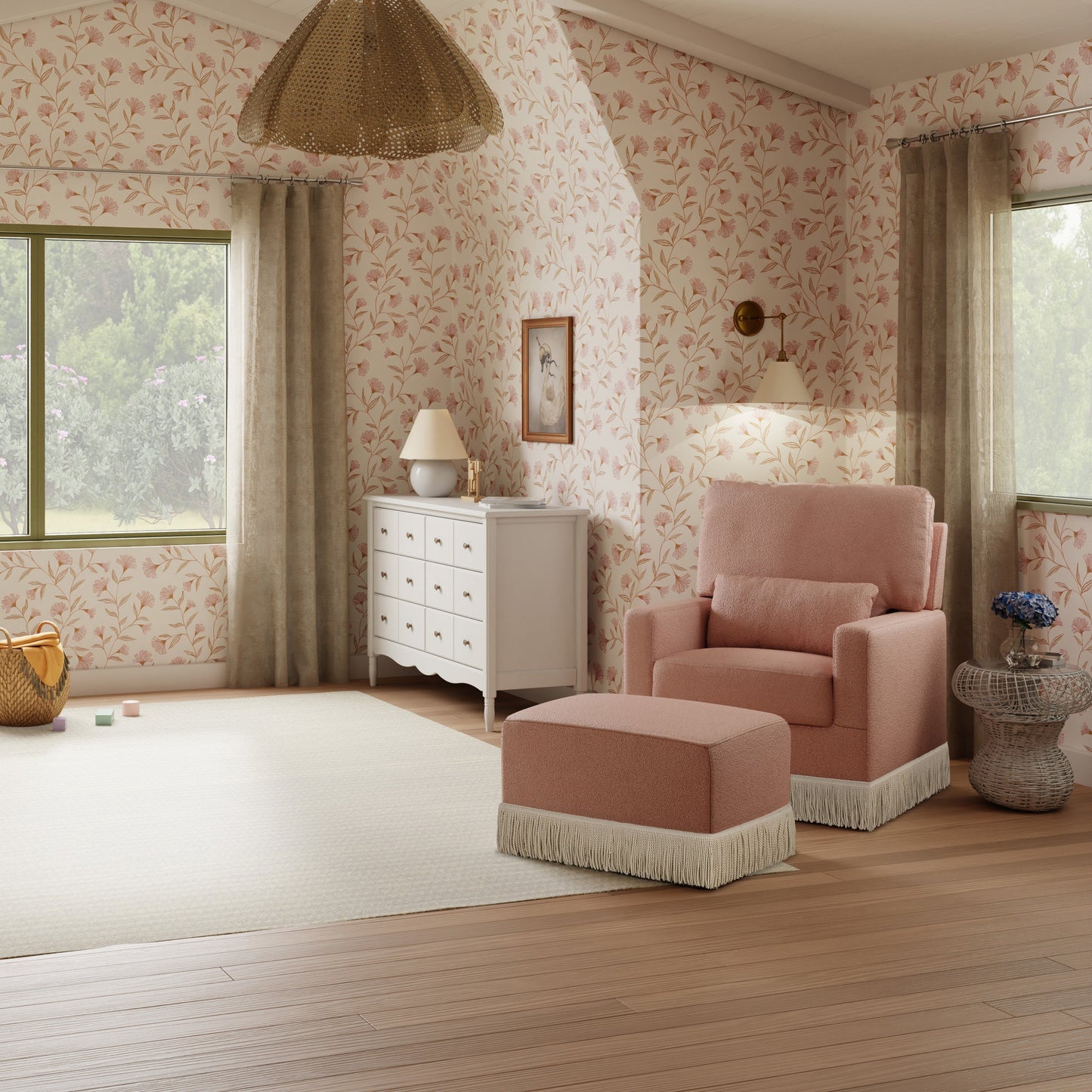 NAMESAKE CRAWFORD PILLOWBACK COMFORT SWIVEL GLIDER | BOUCLE WITH TASSEL FRINGE