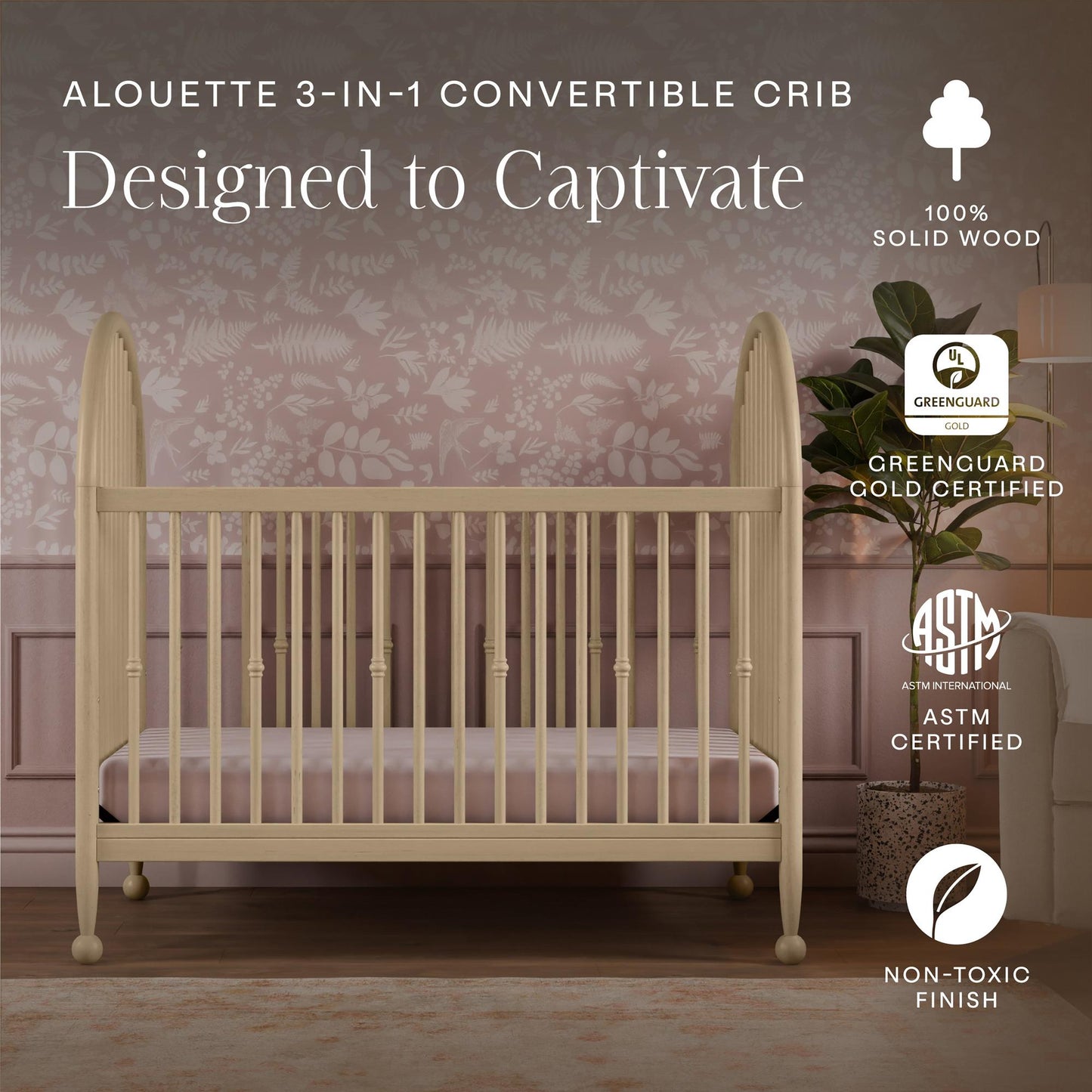 Alouette 3-in-1 Convertible Spindle Crib in Washed Pine