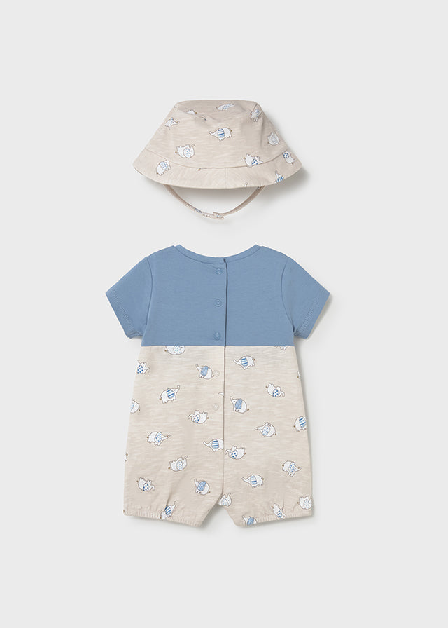 MAYORAL BOY ROMPER WITH HAT AND FAUX DUNGAREE
