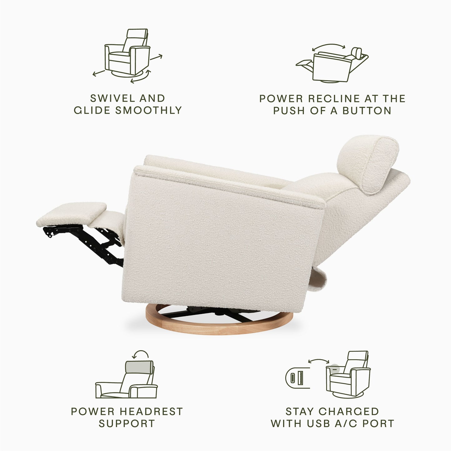 Willa Power Glider Recliner w/ adj. headrest & USB in Performance Grey Eco-Weave w/Light Wood Base