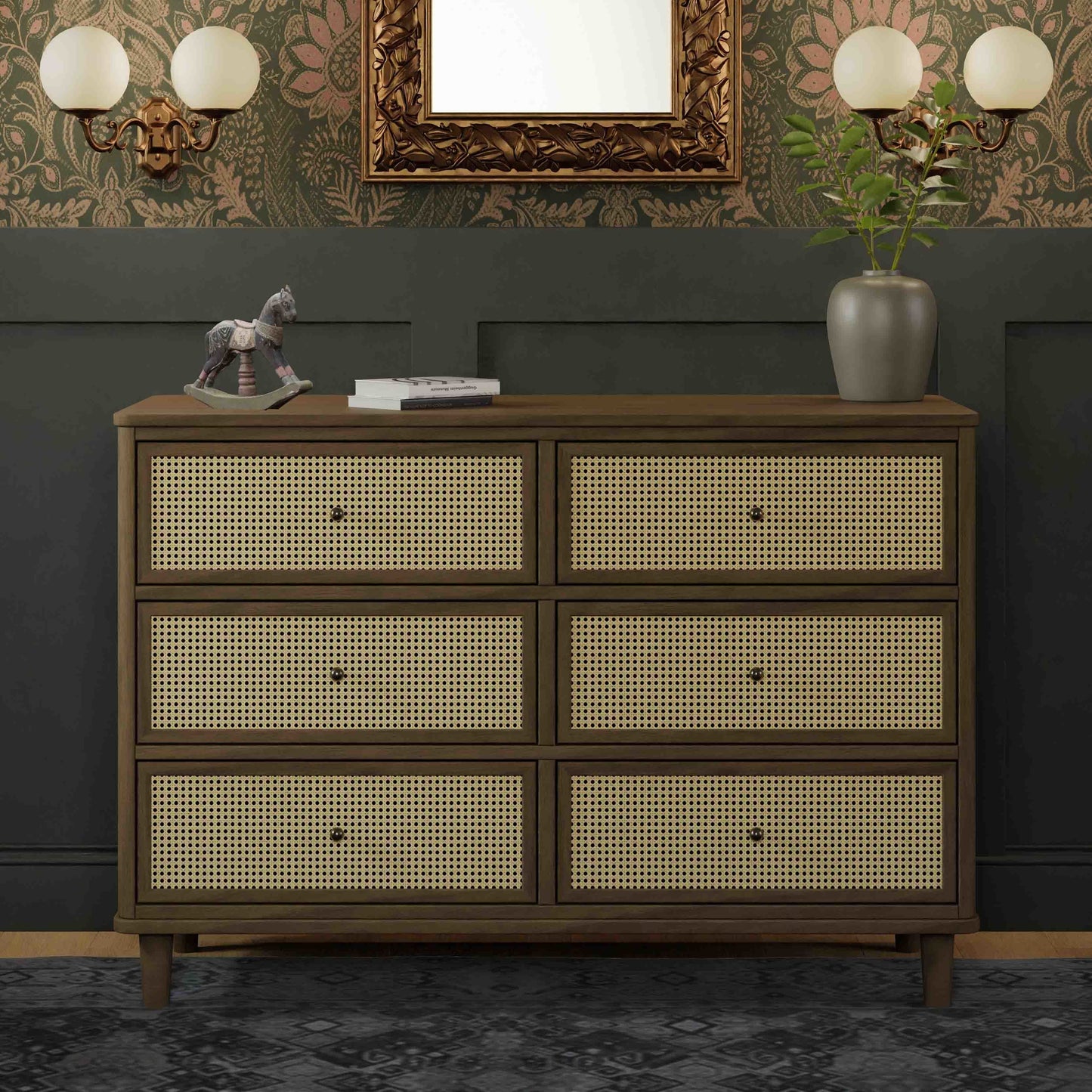 Marin with Cane 6 Drawer Assembled Dresser in Warm White and Honey Cane