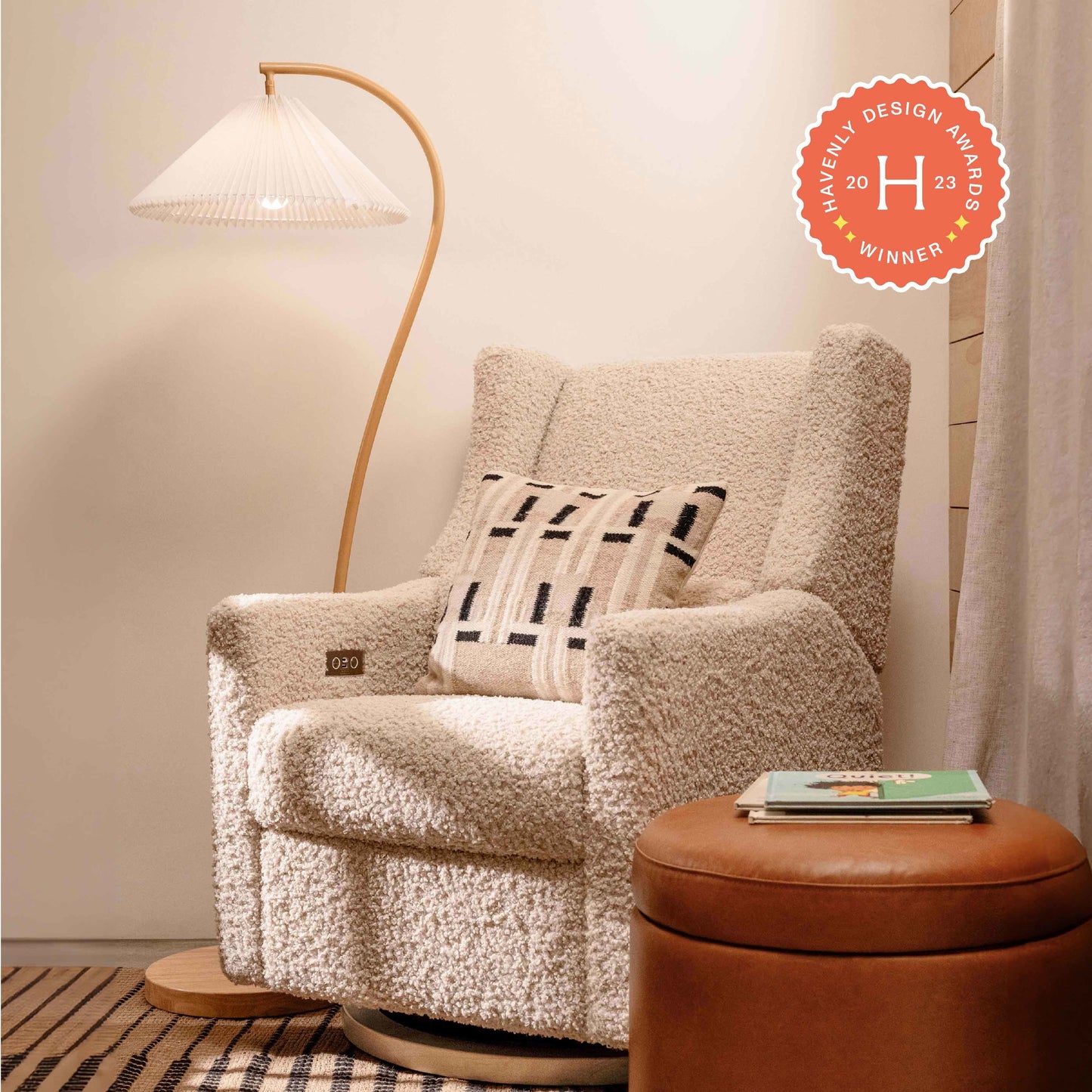 Kiwi Glider Recliner w/ Electronic Control and USB in Ivory Boucle w/Gold Base