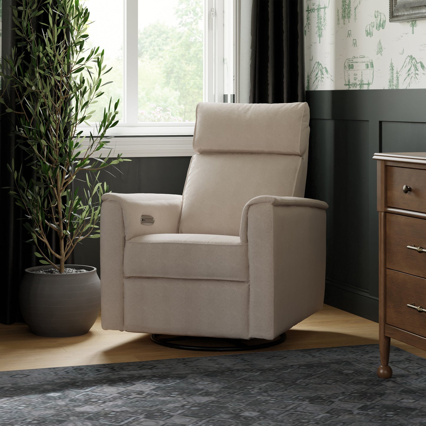 Willa Power Glider Recliner w/ adj. headrest & USB in Performance Grey Eco-Weave w/Light Wood Base