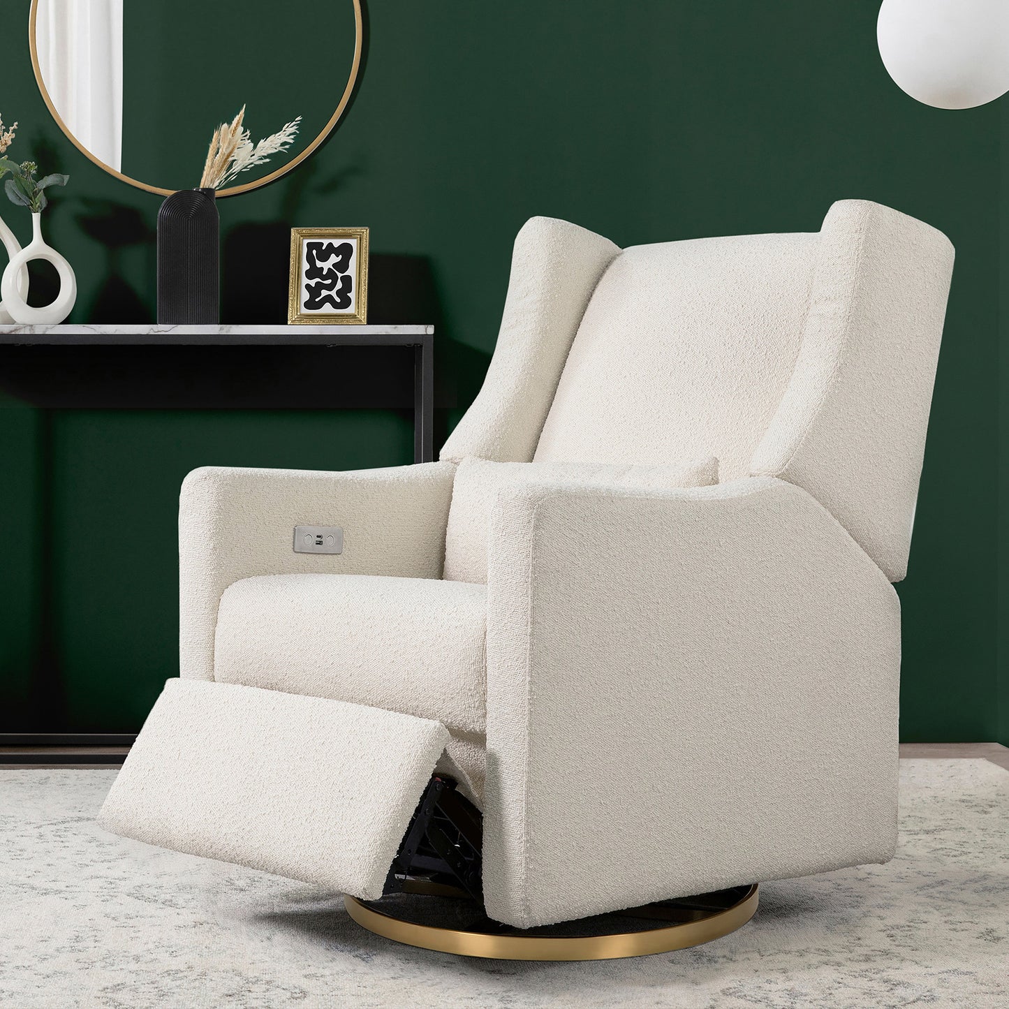 Kiwi Glider Recliner w/ Electronic Control and USB in Ivory Boucle w/Gold Base