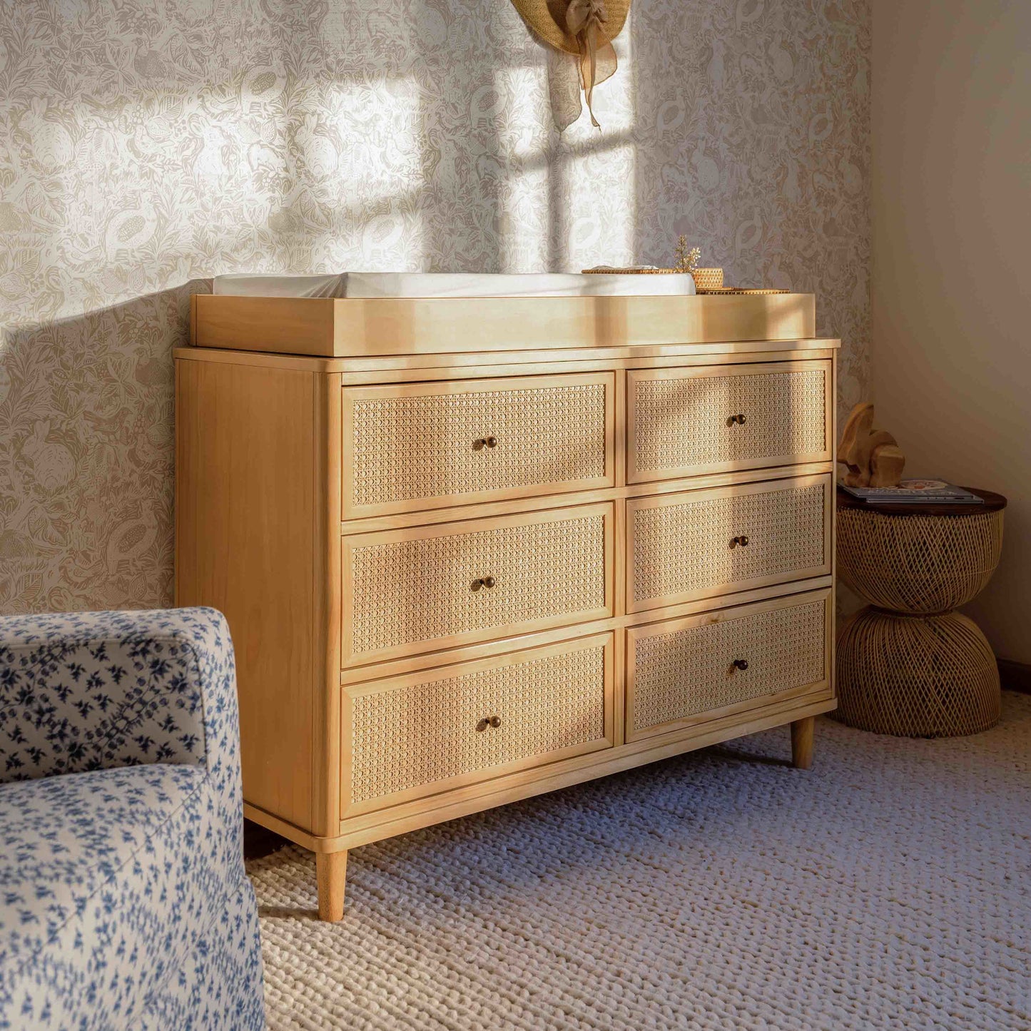 Marin with Cane 6 Drawer Assembled Dresser in Warm White and Honey Cane