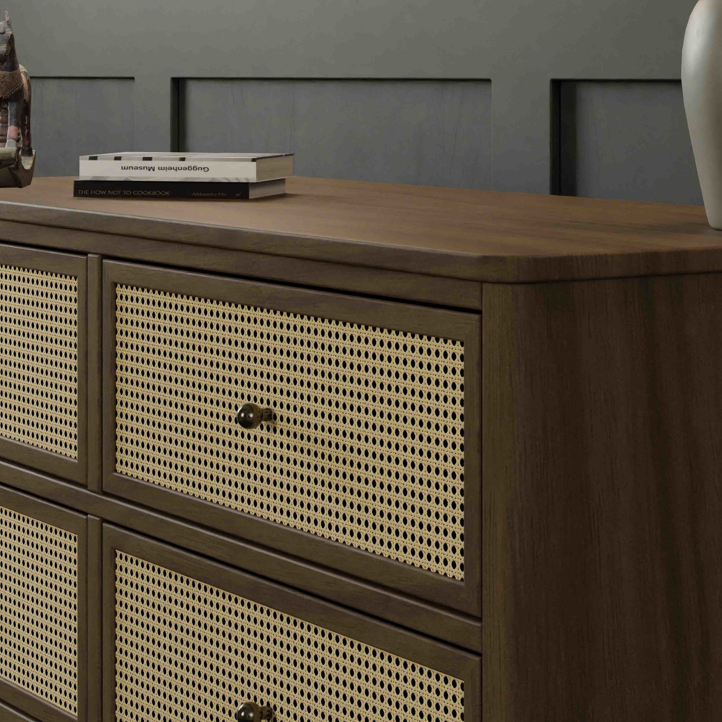 Marin with Cane 6 Drawer Assembled Dresser in Warm White and Honey Cane