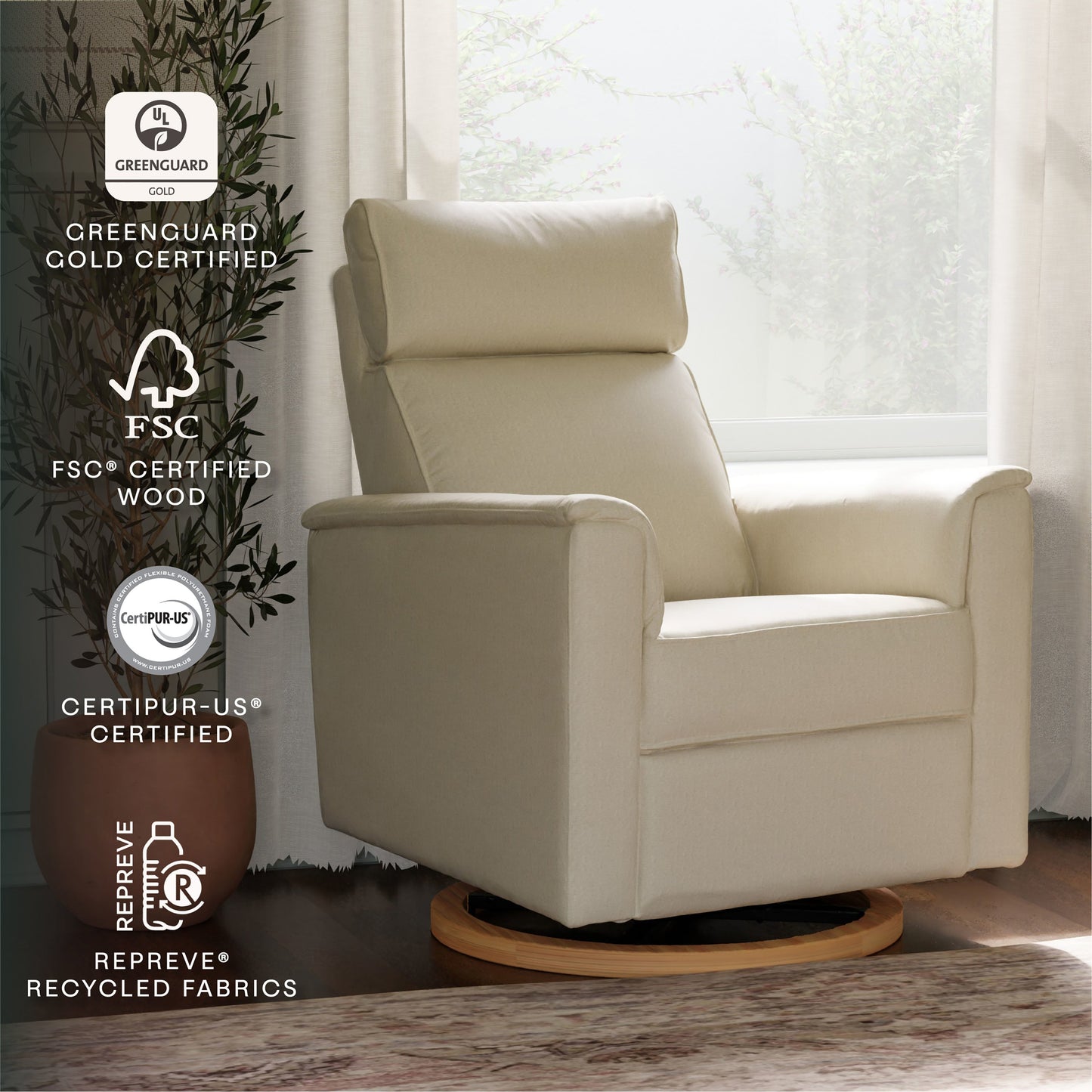 Willa Power Glider Recliner w/ adj. headrest & USB in Performance Grey Eco-Weave w/Light Wood Base
